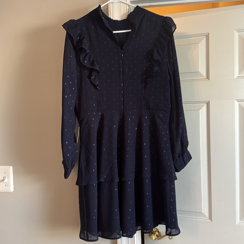 Elegant Navy Blue Dress with Sparkle + Ruffle Details Size L